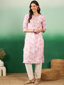 Vastramyaa - Womens Pink Yoke Thread Work Straight Kurta