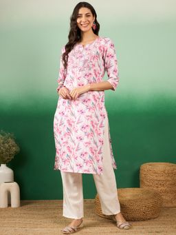 Vastramyaa - Womens Pink Yoke Mirror Work Straight Kurta
