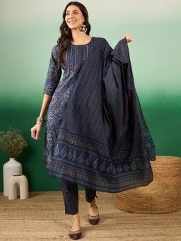 Vastramyaa - Womens Navy Blue Motifs Printed Kurta with Pant and Dupatta (Set of 3)