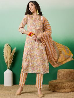 Vastramyaa - Women Mustard Paisley & Mirror Work Kurta with Pant and Dupatta (Set of 3)
