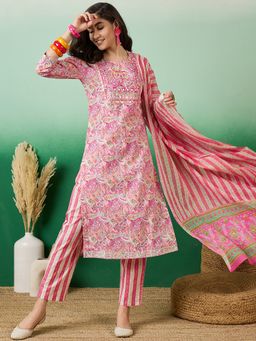 Vastramyaa - Women Pink Paisley & Mirror Work Kurta with Pant and Dupatta (Set of 3)