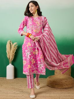 Vastramyaa - Women Pink Floral & Mirror Work Kurta with Pant and Dupatta (Set of 3)