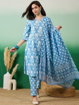 Vastramyaa - Women Blue Floral & Mirror Work Kurta with Pant and Dupatta (Set of 3)