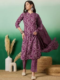 Vastramyaa - Women Purple Floral Printed Kurta with Pant and Dupatta (Set of 3)