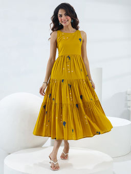 Libas - Mustard Kite Printed Fit and Flared Dress