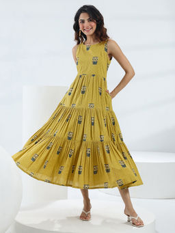 Libas - Olive Tribal Printed Fit and Flared Dress