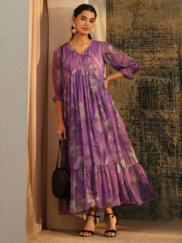 Libas - Purple Floral Printed Fit and Flared Pleated Dress