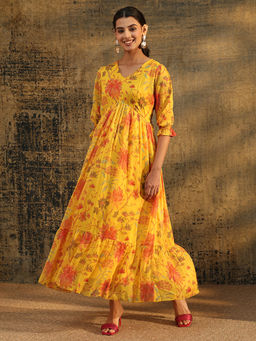 Libas - Yellow Floral Printed Fit and Flared Pleated Dress