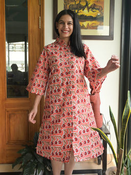 Phutari - Peach Cherries Block Printed Soft Cotton Shirt Dress