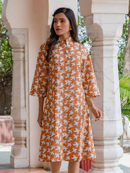 Phutari - Brown Chidiya Block Printed Soft Cotton Shirt Dress