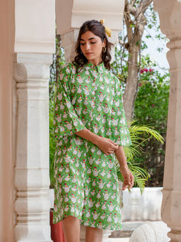 Phutari - Green Graphic Printed Soft Cotton Shirt Dress