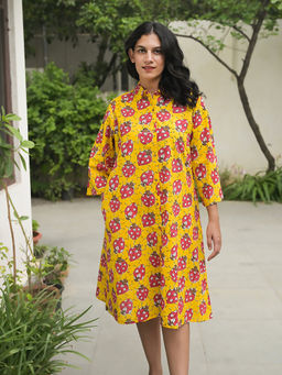 Phutari - Yellow Love Bug Block Printed Soft Cotton Shirt Dress