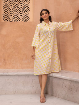 Phutari - Off White-Yellow Polka Dot Printed Soft Cotton Shirt Dress