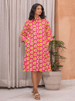 Phutari - Pink Floral Block Printed Daffodil Soft Cotton Shirt Dress