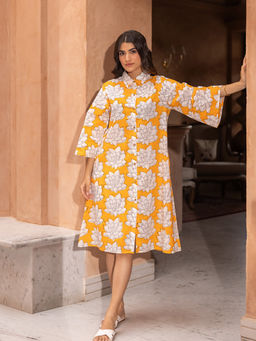 Phutari - Mustard-White Mallika Floral Printed Soft Cotton Shirt Dress