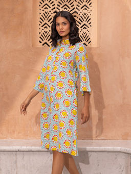 Phutari - Blue Sun Burn Block Printed Soft Cotton Shirt Dress