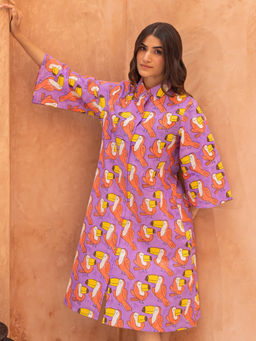 Phutari - Purple Block Printed Toucan Soft Cotton Shirt Dress