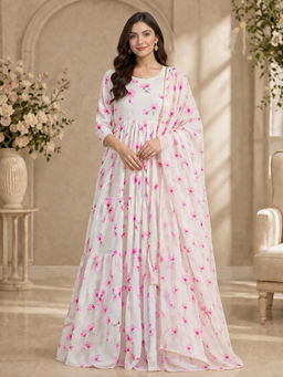 Anveri Textiles - Off White Floral Printed Long Dress with Dupatta