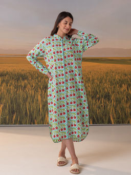 Phutari - Blue Cherries Block Printed Shirt Dress