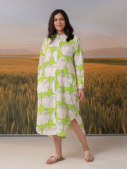 Phutari - Green-White Chehre Block Printed Shirt Dress