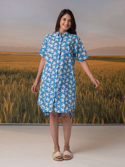 Phutari - Blue Chidiya Udd Block Printed Shirt Dress