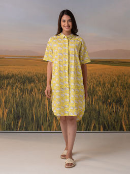 Phutari - Yellow Meow Block Printed Short Shirt Dress