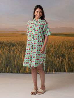 Phutari - Sea Blue Cherries Block Printed Shirt Dress