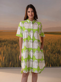 Phutari - Green-White Block Printed Chehre Short Shirt Dress