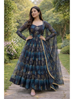 Anveri Textiles - Dark Navy Blue Printed Lace Work Long Dress with Dupatta