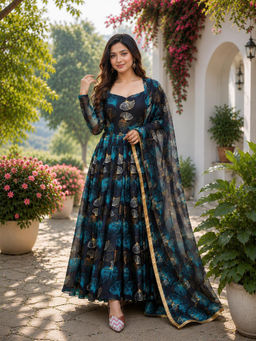 Anveri Textiles - Navy Blue Printed Lace Work Long Dress with Dupatta