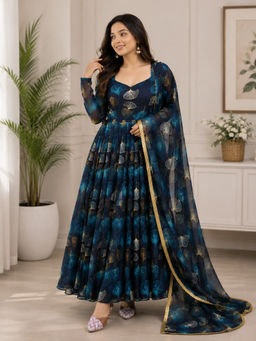 Anveri Textiles - Navy Blue Printed Lace Work Long Dress with Dupatta