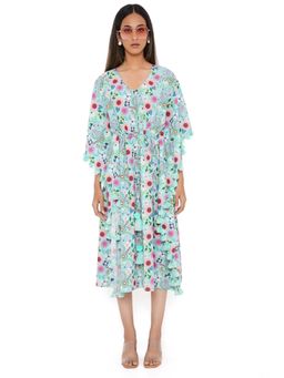 PS Pret by Payal Singhal - Aqua Spring Floral Print Crepe Kaftan with Tassels