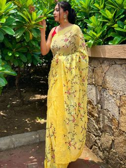 Odette - Yellow Embroidered Georgette Saree with Unstitched Blouse
