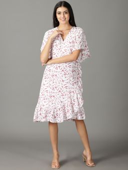 SHOWOFF - Womens Printed V-Neck White Knee Length Dress