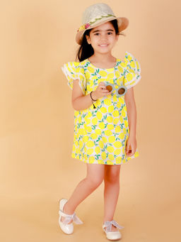 Lil Drama - Stylish Girls Printed Cotton Dress Lime Green
