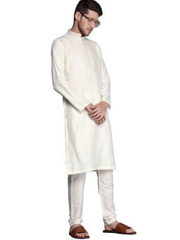 Manyavar - Cream Blended Viscose Solid Kurta Pencil Pyjama Set (Set of 2)