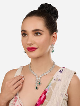 Zaveri Pearls - Green and White Austrian Diamonds Contemporary Necklace with Earring (Set of 2)