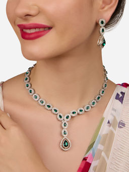 Zaveri Pearls - Green and White Austrian Diamonds Contemporary Necklace with Earring (Set of 2)