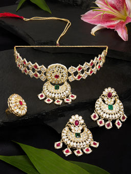 Zaveri Pearls - Green and Pink Stones Beads Choker Necklace Earring with Ring (Set of 3)