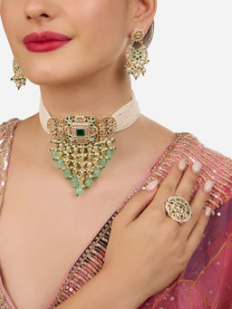 Zaveri Pearls - Stones and Beads Cascading Necklace Earring with Ring (Set of 3)