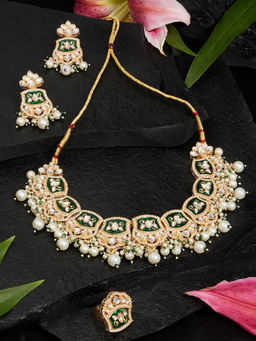 Zaveri Pearls - Green Meenakari Stones Beads Necklace with Earring and Ring (Set of 3)