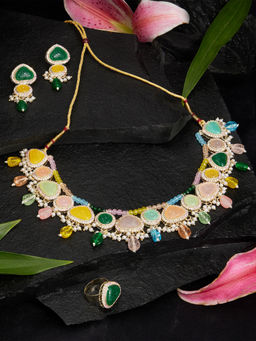Zaveri Pearls - Multicolor Dazzling Stones Beads Necklace with Earring and Ring (Set of 3)
