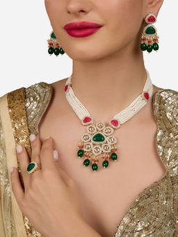 Zaveri Pearls - Multicolor Stones Multistrand Necklace with Earring and Ring (Set of 3)