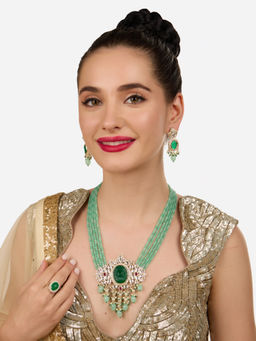 Zaveri Pearls - Green and Pink Stones Cascading Necklace with Earring and Ring (Set of 3)