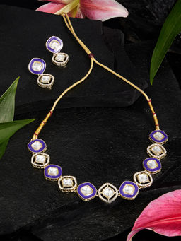 Zaveri Pearls - Purple Meenakari Stones Diamonds Necklace and Earring (Set of 2)