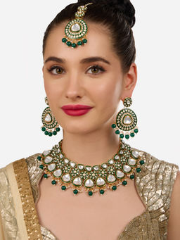 Zaveri Pearls - Green Meenakari Stones Beads Necklace with Earring and Maangtikka (Set of 3)