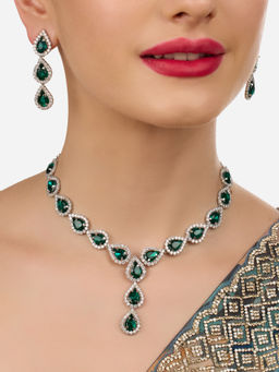 Zaveri Pearls - Green Stones Diamonds Contemporary Necklace and Earring (Set of 3)