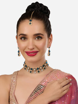 Zaveri Pearls - Blue and White Stones Diamonds Choker Necklace Earring with Maangtikka (Set of 3)