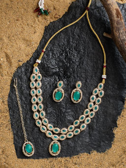 Zaveri Pearls - Green and White Stones Diamonds Layered Necklace Earring with Maangtikka (Set of 3)