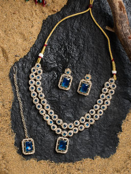 Zaveri Pearls - Blue and White Stones Diamonds Layered Necklace Earring with Maangtikka (Set of 3)